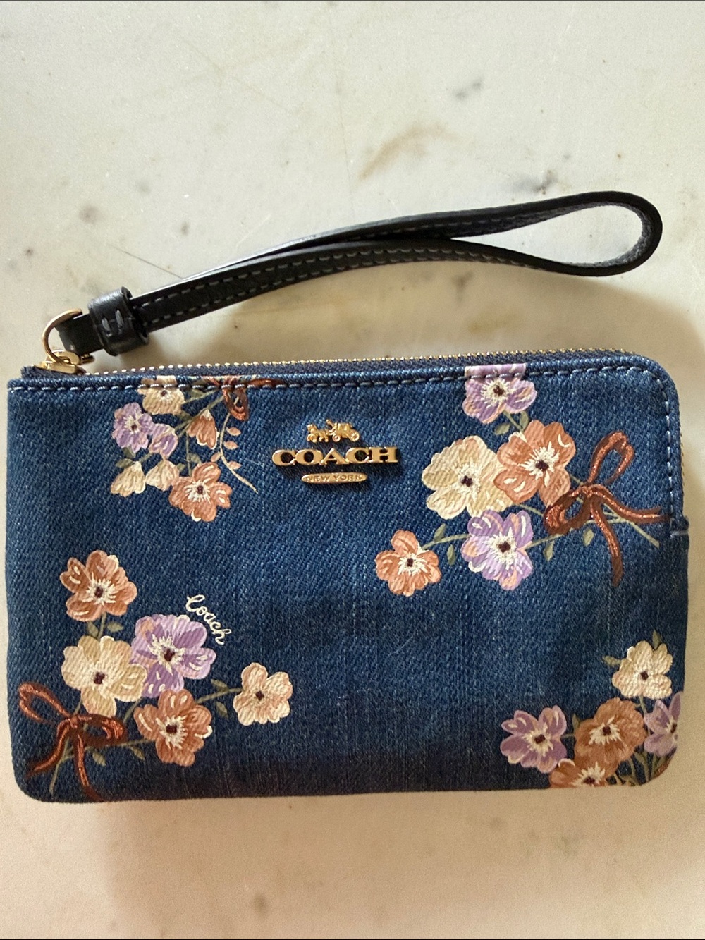 Coach Denim Floral Wristlet in Blue with Multicolor Blooms